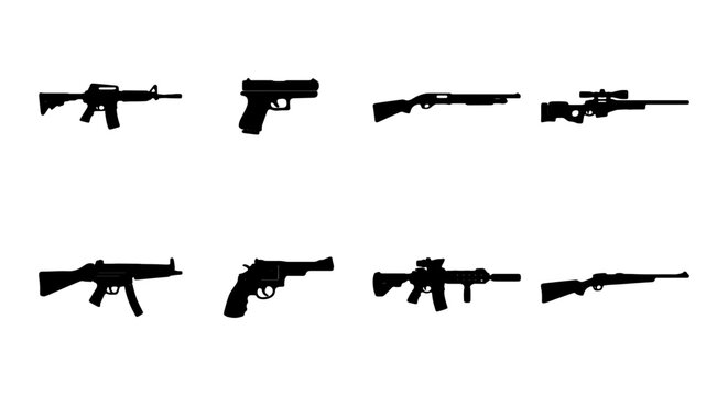 Black silhouette weapon icons, a collection of eight distinct firearms, including rifles, pistols, and shotguns, for military, security, or gaming design assets