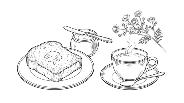 Breakfast toast with butter and jam, hot tea cup with spoon, chamomile flowers, hand-drawn vector illustration set for morning meal concepts.