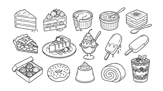 Delicious dessert vector icon set, hand-drawn sweet treats collection, bakery and pastry illustrations, confectionery menu elements, black and white line art graphics for food design projects.