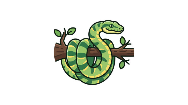 Green striped snake coiled on a tree branch with leaves, cartoon style