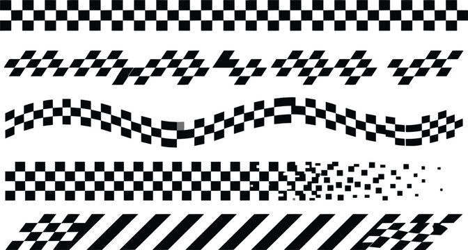 Set of five various black and white checkered flag racing patterns isolated on transparent checkered background.