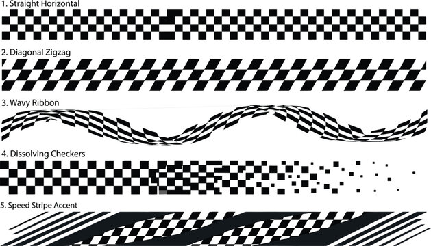 Set of five various black and white checkered flag racing patterns isolated on transparent checkered background.