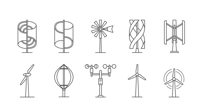 Wind turbine icons set. Vertical and horizontal axis wind turbines outline vector illustrations