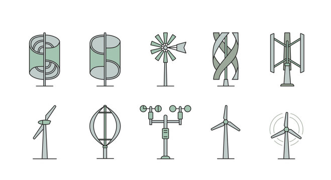 Wind turbine color icons set. Vertical and horizontal axis renewable energy generators, flat line vector illustrations