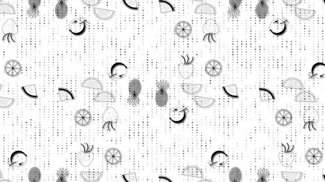 Minimalist Black And White Fruit Pattern Background Featuring Pineapples Watermelon Slices And Citrus Fruits Animated In A Repeating Motion Graphic Design For Modern Graphic Projects And Summer Themed