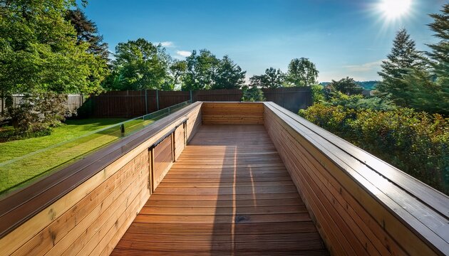 newly stained wooden deck with a high gloss finish in a sunny backyard with trees