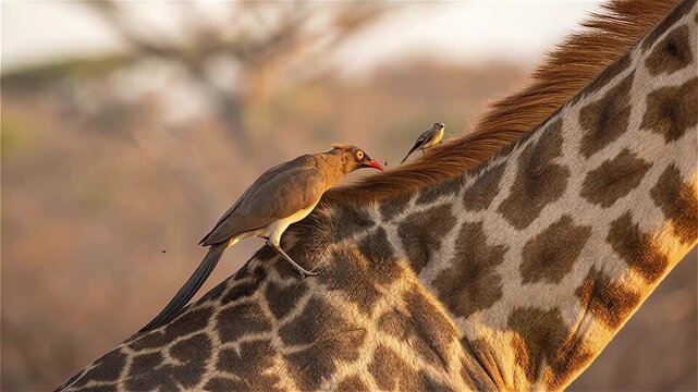 Close up from an Yellow-billed oxpeckers (Buphagus africanus) picking off insects and parasites on a giraffe's body in the Pilanesberg Game Reserve, South Africa.
