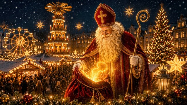 St. Nikolaus mit leuchtendem Geschenkesack auf einem festlich beleuchteten Weihnachtsmarkt. Deutsche Weihnachten mit Weihnachtspyramide, Tannenbaum und magischer Winterstimmung.