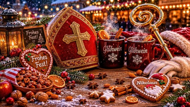 Traditionelle Nikolaus-Dekoration mit Gl&uuml;hwein, Lebkuchen, Mandeln und Mitra auf festlich geschm&uuml;cktem Weihnachtsmarkt. Deutsche Weihnachten voller W&auml;rme, Genuss und Adventsstimmung.