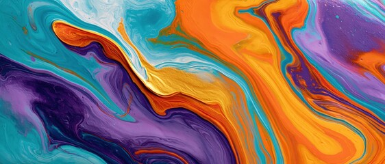 Obraz premium Bold acrylic pour painting with swirling teal, orange, gold, and purple waves. Perfect for luxury branding, editorial design, creative backgrounds, or energetic wall art projects.