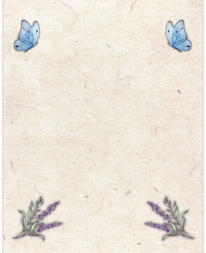 Minimalist wedding invitation template with lavender and butterflies on handmade paper texture