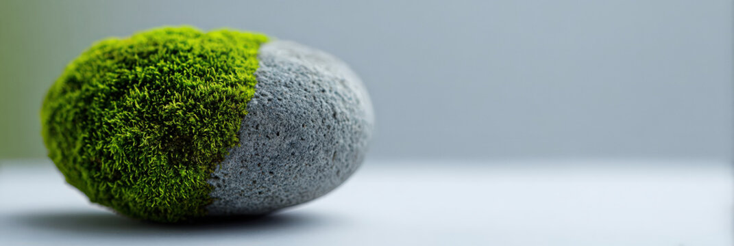 Nature meets stillness vibrant green moss colonizes a smooth gray pebble against a soft neutral backdrop. Perfect for wellness, eco design, mindfulness, or sustainability campaigns with copy.