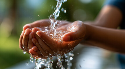 Fototapeta premium Faceless children's hands catching splashing pure water from above, illustrating the importance of access to clean resources and essential hygiene, defocused outdoor setting in