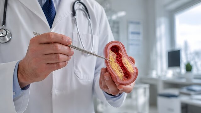 Doctor explaining high cholesterol plaque in artery model