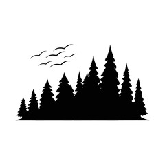 Fototapeta premium Forest Silhouette Vector Illustration – Black Woodland Tree Landscape Outline Design