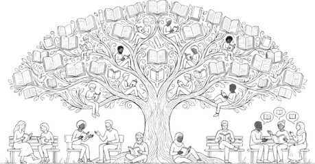 Fototapeta premium Book club, reading club, reading group, literary community sharing books and ideas, clean black monoline vector line art, SVG-ready, isolated on white background, no color or shading.