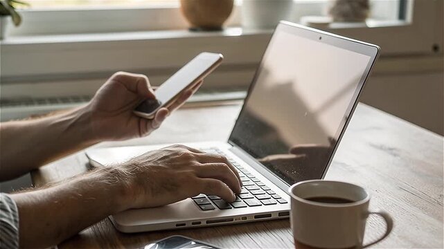 Close-up of a person using a smartphone while working on a laptop at home, only hands visible, multitasking concept