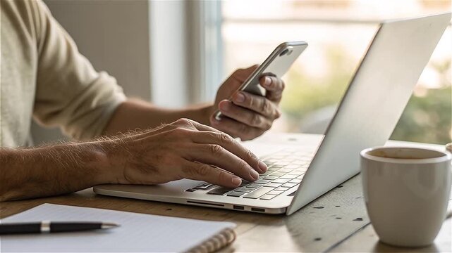Close-up of a person using a smartphone while working on a laptop at home, only hands visible, multitasking concept