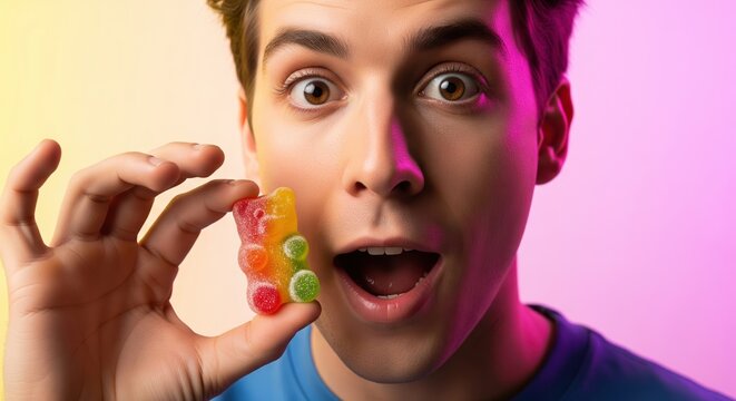 Amazed Young Man Holding A Large Colorful Gummy Bear Candy With Vibrant Neon Studio Lighting