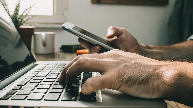 Close-up of a person using a smartphone while working on a laptop at home, only hands visible, multitasking concept