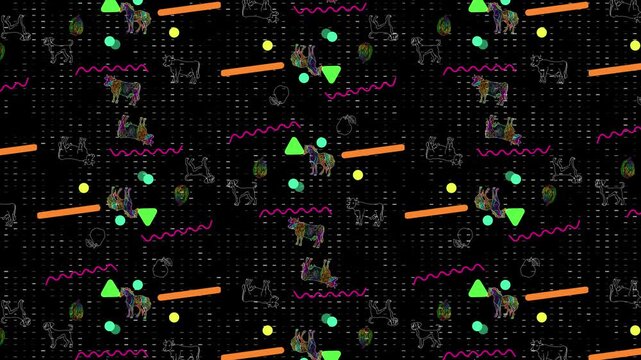 Retro 90s Memphis Style Graphic Design Background Featuring Neon Colored Geometric Shapes, Wavy Lines, And Vibrant Animal Silhouettes On A Dark Black Patterned Surface For Creative Motion Graphics