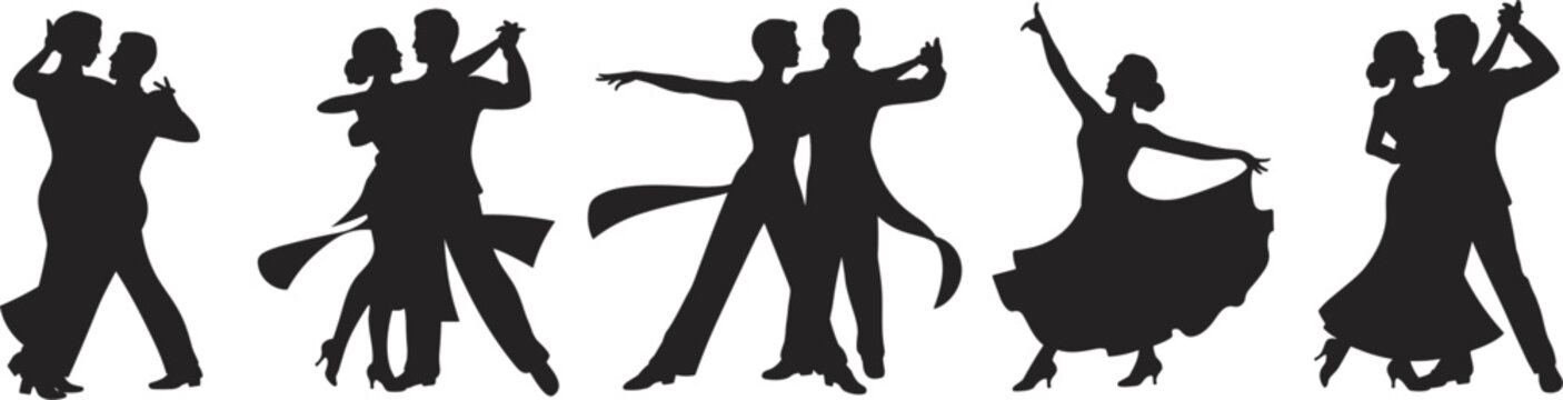Silhouettes of ballroom dancers in various poses on a white background dancing waltz