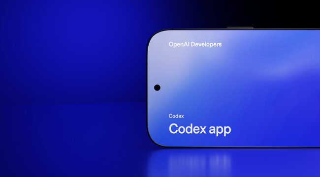 OpenAI Codex App Logo on Blue Smartphone Screen, AI Developer Coding Tool Technology

