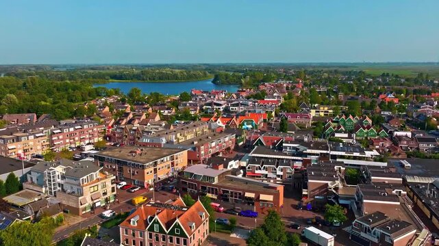 Aerial View Of European Town With Colorful Houses And Lake