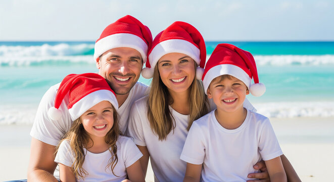Cheerful family wearing red santa hats posing on the beach perfect for joyful tropical christmas holidays and winter vacation concepts