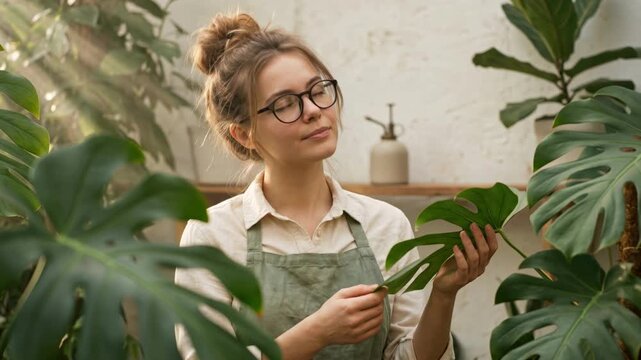 Beautiful footage of a joyful young female botanist wearing an apron and glasses carefully inspecting a large green monstera leaf inside a sunny greenhouse.