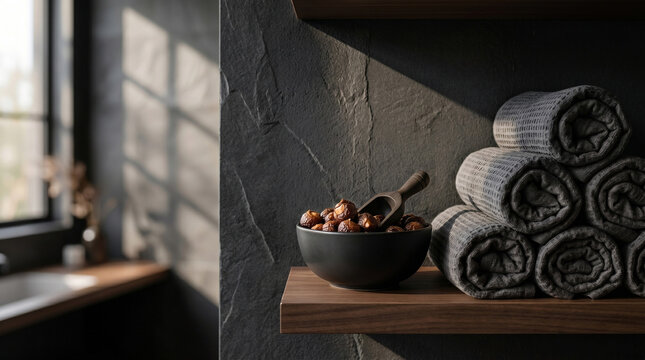 Modern bathroom interior with natural soap nuts, rolled grey towels, and sunlight
