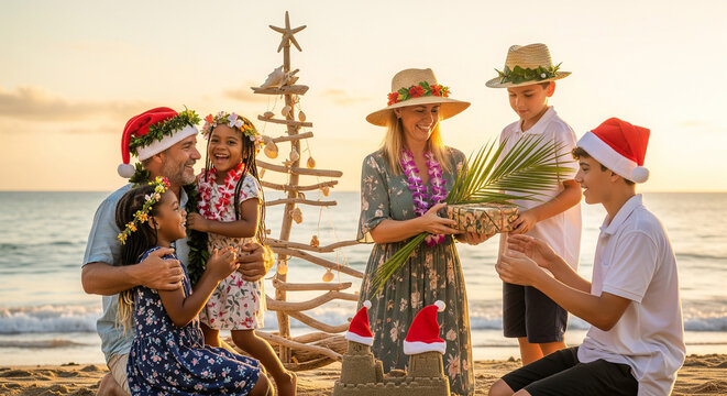 Happy family posing with a sand snowman on a tropical beach perfect for unique warm christmas celebrations and fun holiday vacations