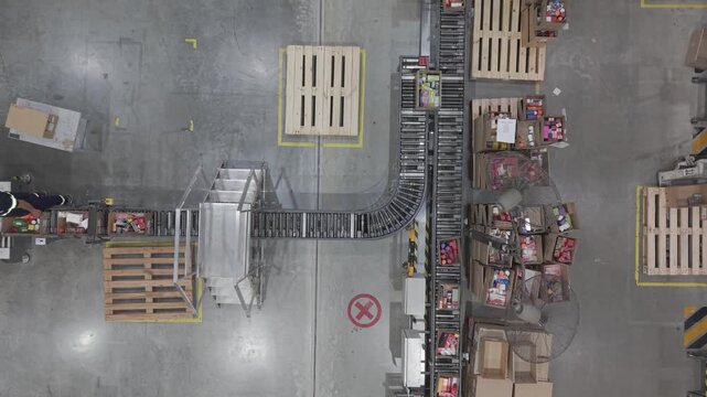F&aacute;brica en funcionamiento con cinta transportadora y cajas en proceso, obreros trabajando en producci&oacute;n industrial vista cenital, footage industria, trabajo, industrializaci&oacute;n, desarrollo