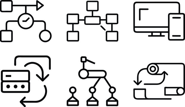 Process flow with clock, network diagram, computer screen, server loop, tree structure, paper roll process.