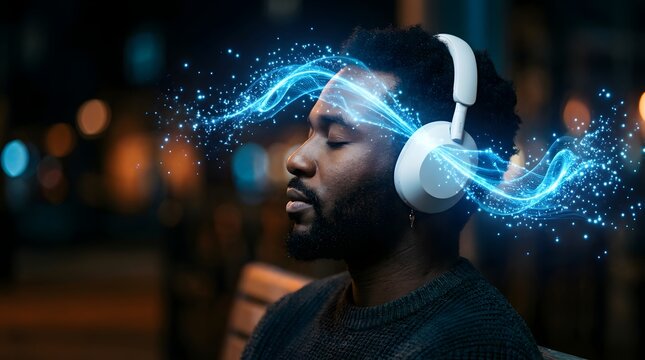 Close up of man with white headphones listening to music with glowing blue sound waves and audio visualization against city night bokeh background