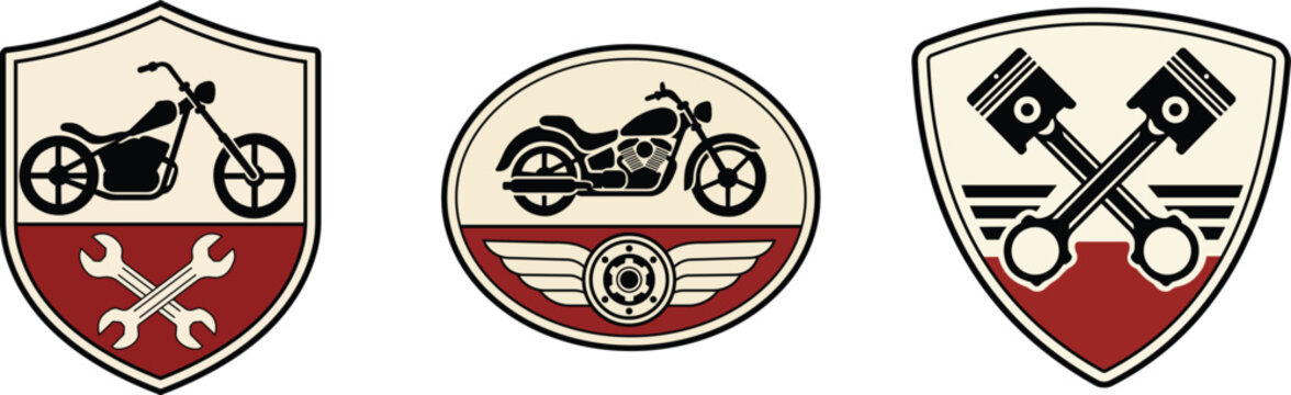 Vintage motorcycle garage badges vector set with classic chopper and crossed pistons