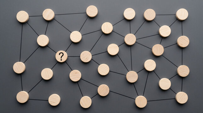 Abstract network visualization composed of wooden discs joined by thin lines on dark gray surface including single disc marked with question symbol signifying complex problem solving.