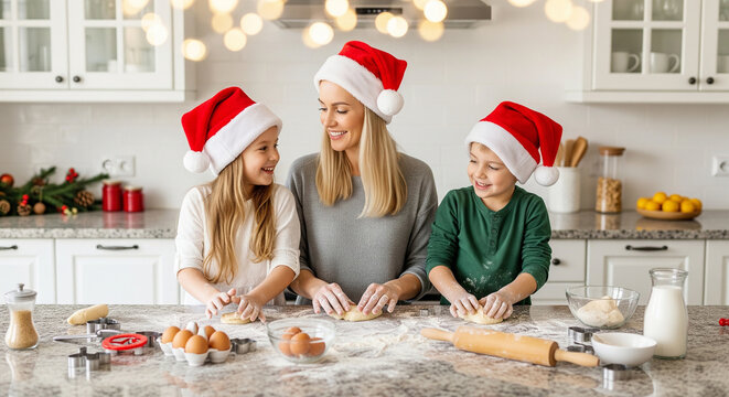 Cheerful mother and kids baking sweet christmas treats perfect for beautiful family time and warm holiday celebration concepts
