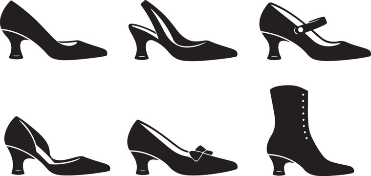 Collection of elegant black high heel shoes and boots vector silhouettes for fashion design and retail concepts isolated on white background