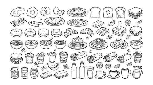 Breakfast food vector icon set, hand-drawn morning meal elements, delicious brunch and snack illustrations, monochrome line art for menus and packaging design