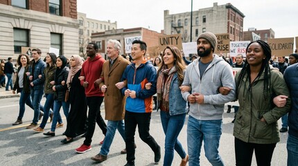 Fototapeta premium Multiethnic citizens holding signs and walking arm in arm during a solidarity demonstration on an urban street.