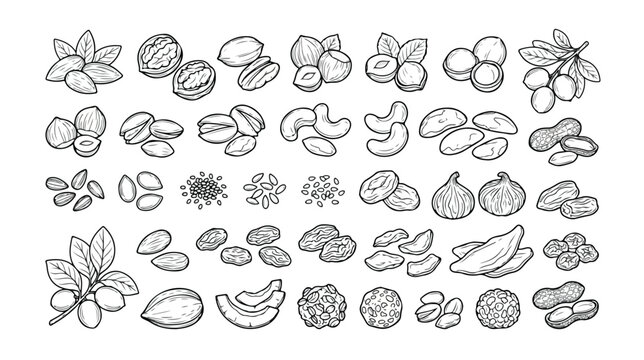 Hand-drawn nut and seed vector collection, a comprehensive set of healthy snack illustrations. Detailed botanical line art of various nuts, seeds, and dried fruits for food packaging and recipe