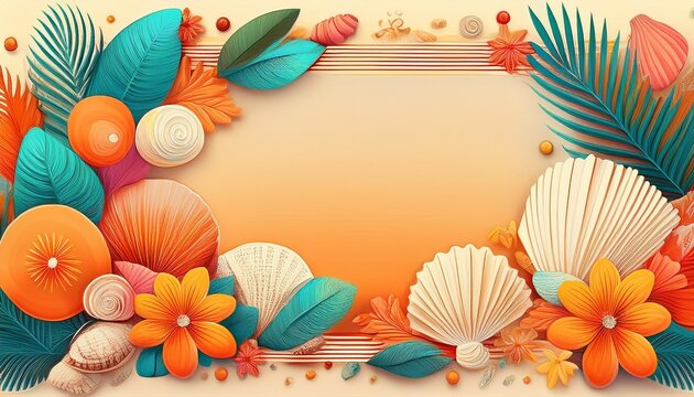 summer frames with shells tropical flowers sun corals retro frames with copy space groovy style border