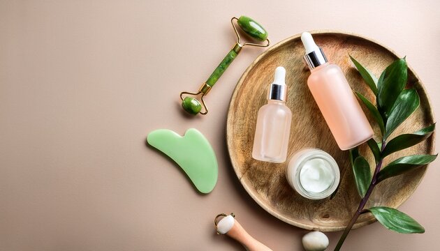cosmetic products jade roller and gua sha massager with cream and serum bottles at pastel background spa background top view with copy space
