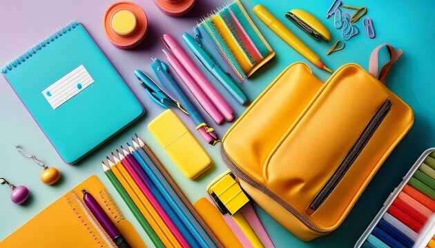 school stationery school supplies on colored background pencil case notepads markers pens and others flat lay image