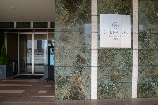 Hiroshima, Japan - April 17, 2026: Sign for the Hiroshima Grand Hotel Sheraton by Marriott