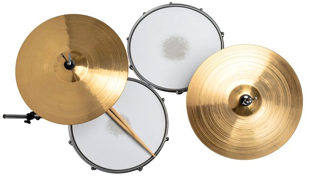 A drum set with two cymbals and two white drums on a plain white background
