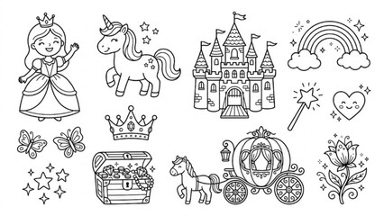 Obraz premium Cute Princess and Unicorn Kawaii Line Art Vector Set Fairy Tale Castle and Magic Friends Collection
