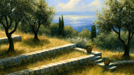 Fototapeta premium Mediterranean landscape with stone steps and potted plants