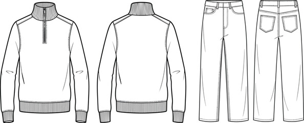 Fashion technical sketch vector featuring men half zip sweatshirt and straight denim jeans front and back views © Smith Rasel